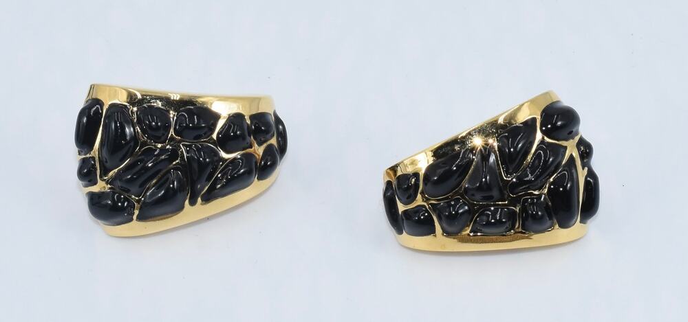 St. John Black and Gold Designer Runway Clip-On Earrings